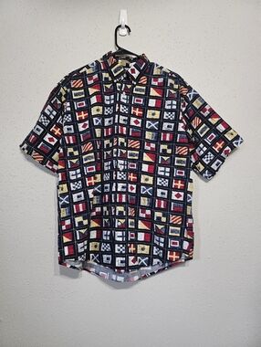 Vintage Nautical Signal Flags Shirt Men Size L Cotton Button Up Navy Maritime